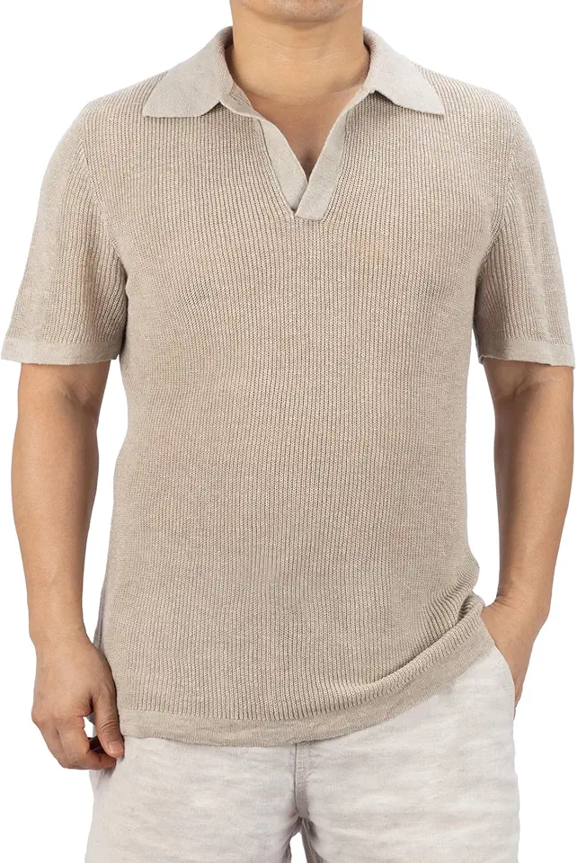 CLSEN Men's 100% Linen Rib Knit Polo Shirt Johnny Collar