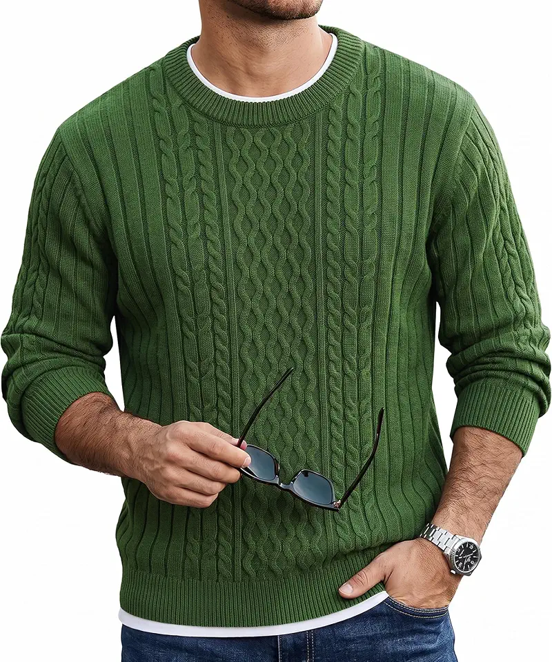 JMIERR Men's Crewneck Cable Knit Twist Textured Pullover Sweater