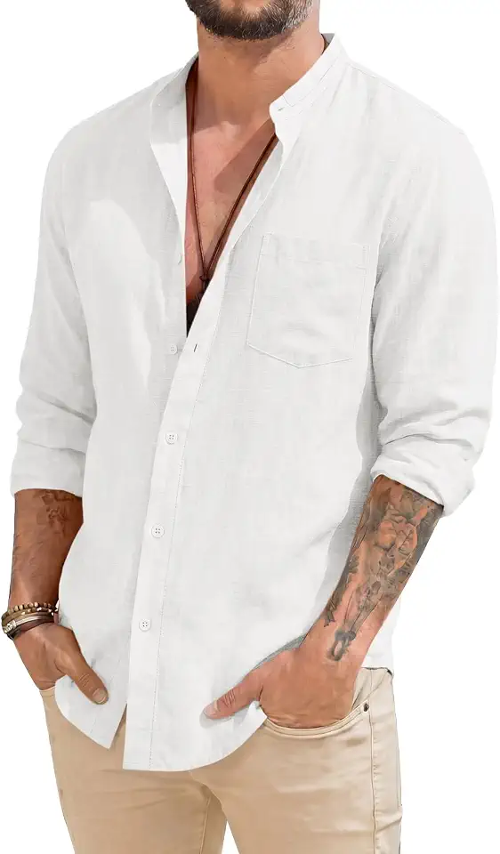 Runcati Mens Linen Button Down Long Sleeve Shirts Summer Beach Shirt