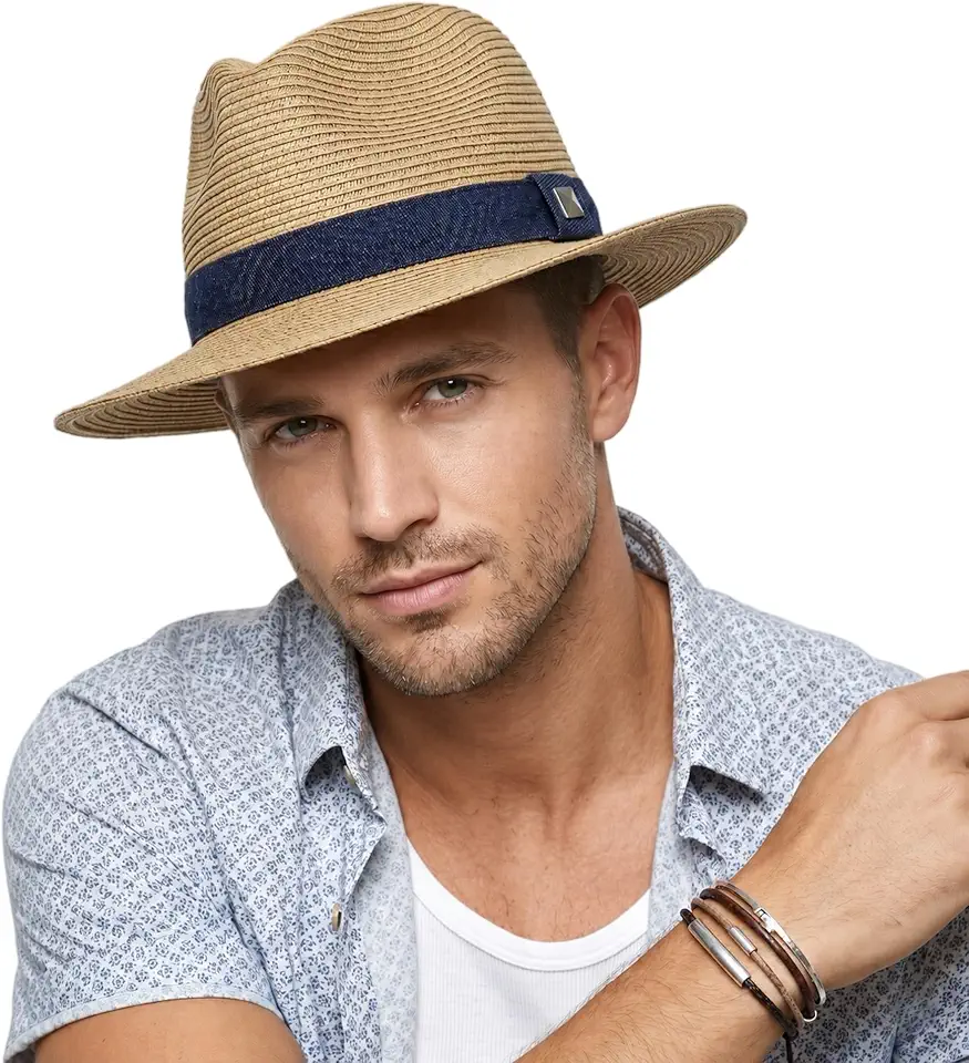 Straw Panama Hat for Men and Women, Adjustable Fedora Sun Hat for Summer