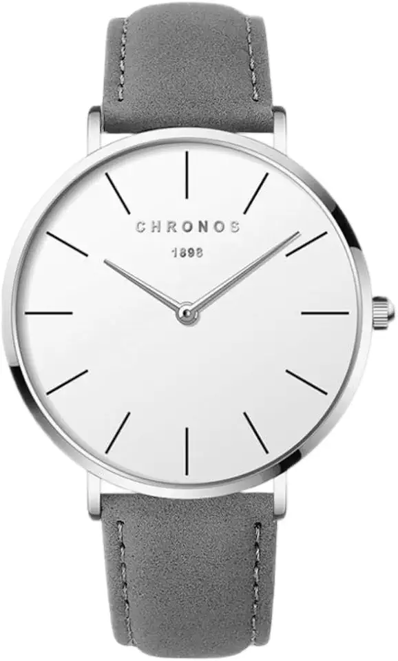 CHRONOS Mens Minimalist Analog Watch, Stainless Steel Watches for Men, White Dial, Leather Band, 3ATM Water Resistant Classic Business Casual Dress Unisex Wrist Watch