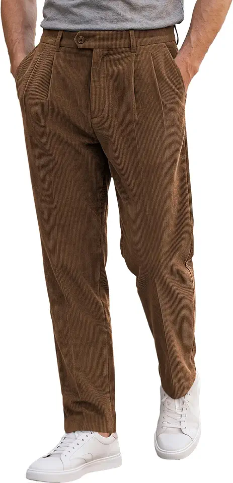 JMIERR Men's Corduroy Pants Stretch Relaxed Tapered Fit Pleated Trousers