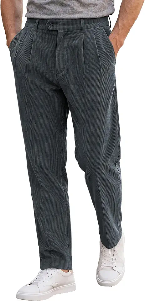 JMIERR Men's Corduroy Pants Stretch Relaxed Tapered Fit Pleated Trousers