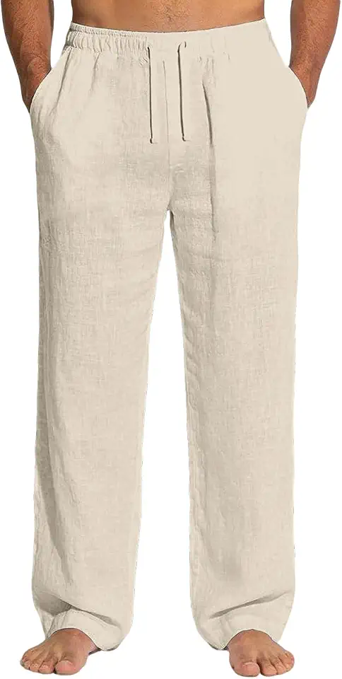 Mens Linen Pants Summer Beach Pants Casual Loose Fit with Waist Drawstring Lightweight Vacation Clothing