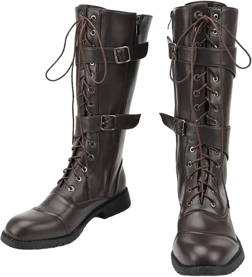 Men's Medieval Renaissance Lace Up Knee High Pirate Buckle Leather Boots