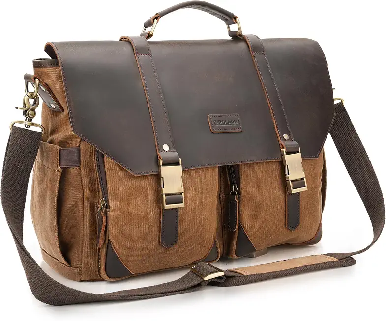 POLARE Waxed Canvas Full Grain Leather Messenger Bag for Men, Vintage 15.6" Laptop Briefcase for Work