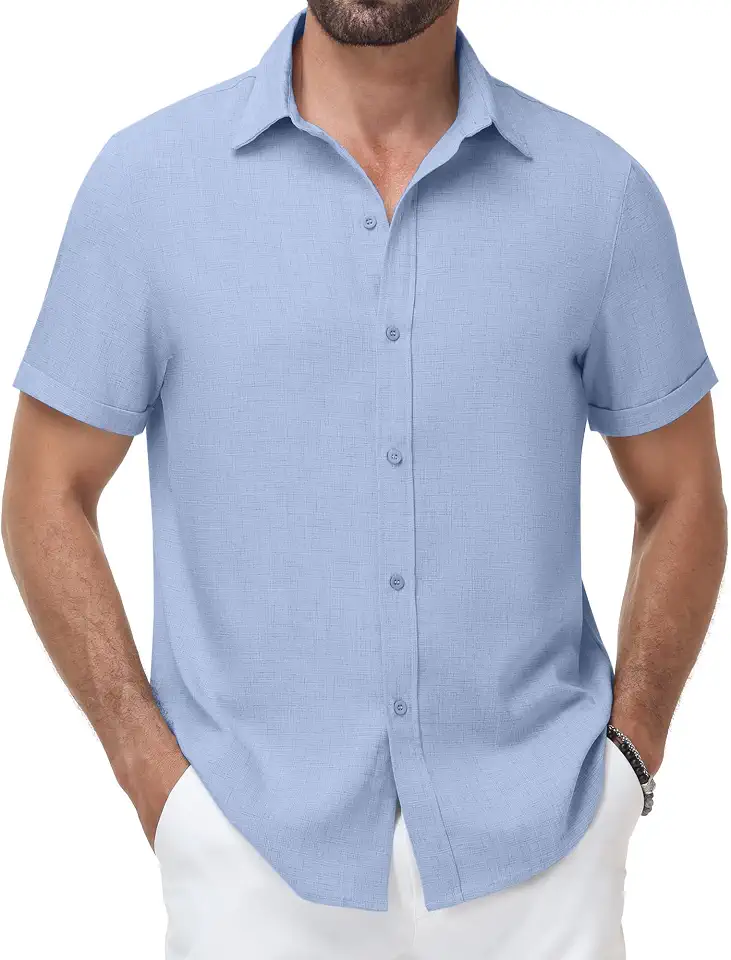 Global Recycled Standard Runhit Men's Linen Textured Shirt Short Sleeve Casual Button Down Shirt for Men Beach Summer Wedding Vacation Top Lightweight