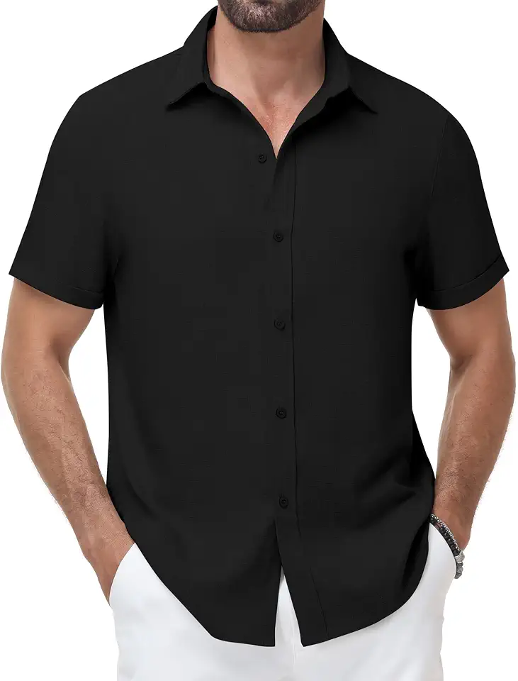 Global Recycled Standard Runhit Men's Linen Textured Shirt Short Sleeve Casual Button Down Shirt for Men Beach Summer Wedding Vacation Top Lightweight