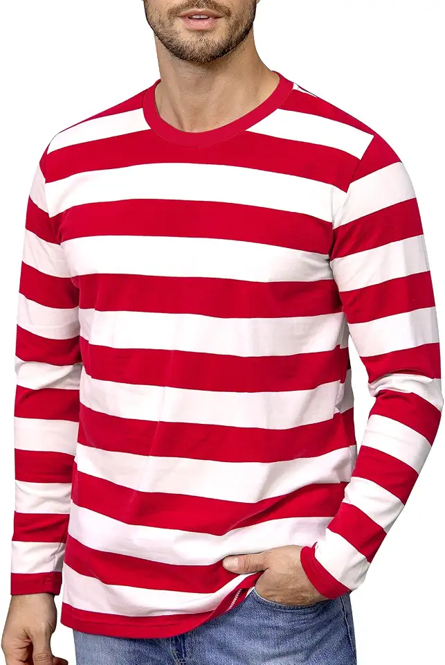 Funny World Men's Striped T-Shirt Crewneck Long Sleeves Basic Casual Top