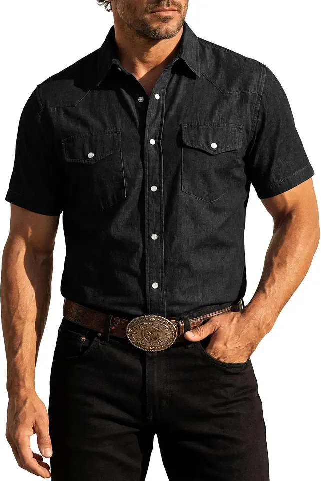 Kallspin Mens Western Pearl Snap Denim Shirt Short Sleeve Linen Blend Top