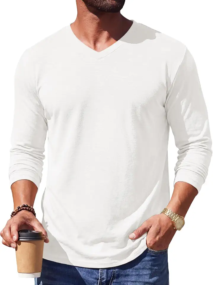 Runcati Mens Long Sleeve V Neck Muscle Basic T-Shirt | Casual Tee Shirts, Moisture Wicking, Soft Comfortable Fabric, Suitable for Daily Outfits