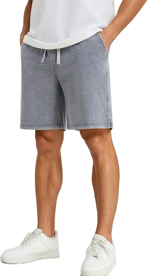 KEEPSHOWING Men's Acid Washed Cotton Baggy Sweat Shorts Vintage Drawstring Casual Shorts Relaxed Fit Streetwear Summer
