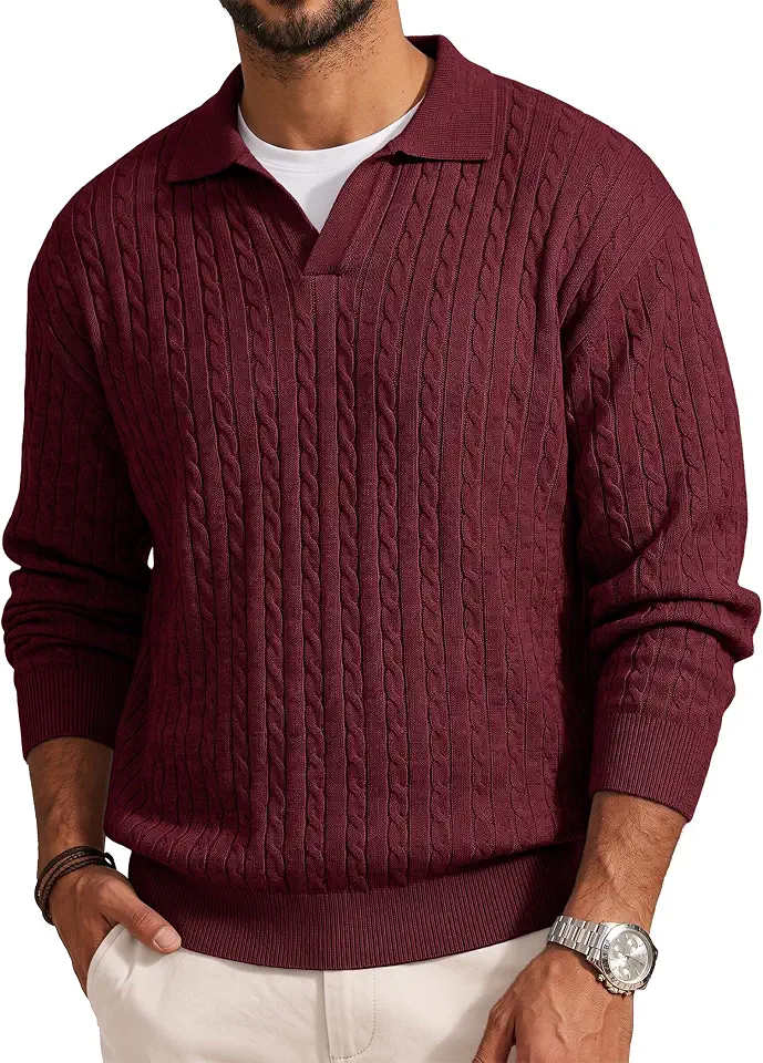 JMIERR Mens Wool Blend Pullover Sweater V Neck Cable Knit Open Collar