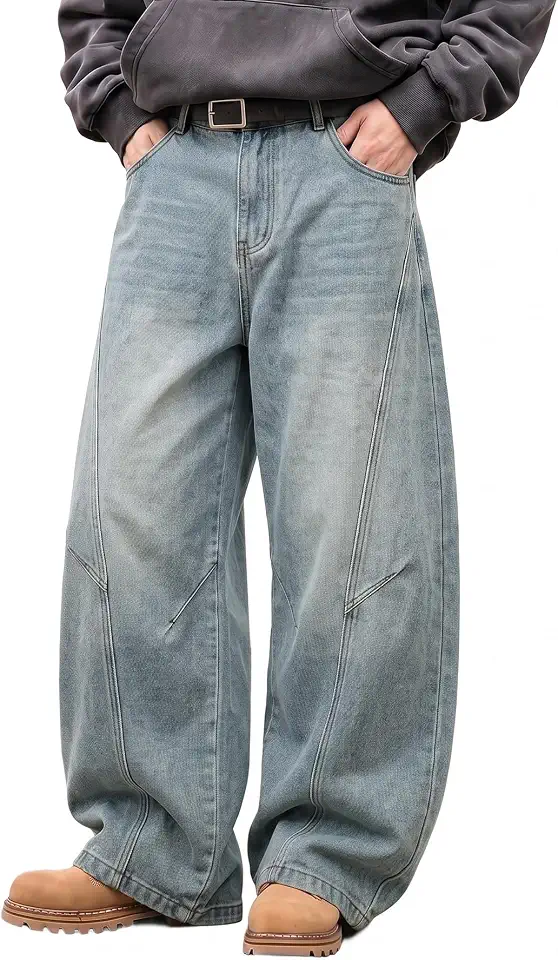 Mens Baggy Hip Hop Jeans Wide Leg Loose Fit Vintage Jeans Relaxed Fit Skater Denim Pants with Elastic Waist