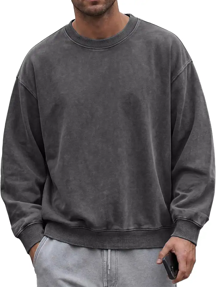 JMIERR Mens Acid Wash Cotton Vintage Relaxed Fit Crewneck Sweatshirt | Ribbed Collar Cuffs, Long Sleeve Windproof Pullover, Drop Shoulder Streetwear, Retro Wash Casual Top, Fall Winter Outfit