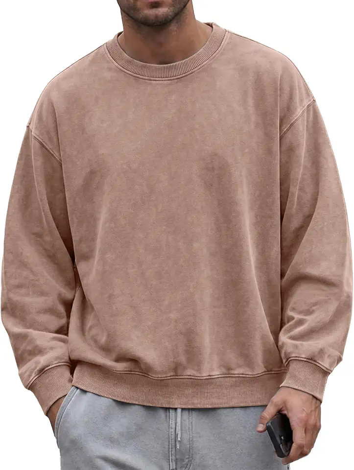 JMIERR Mens Acid Wash Cotton Vintage Relaxed Fit Crewneck Sweatshirt | Ribbed Collar Cuffs, Long Sleeve Windproof Pullover, Drop Shoulder Streetwear, Retro Wash Casual Top, Fall Winter Outfit