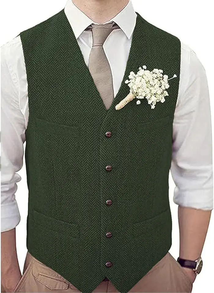Men's V-Neck Suit Vests Slim Fit Casual Business Formal Herringbone Tweed Wool Waistcoat Wedding Groomsmen Suit Vest