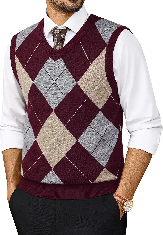 PJ PAUL JONES Mens Argyle Sweater Vest V-Neck Vintage Knit Vest
