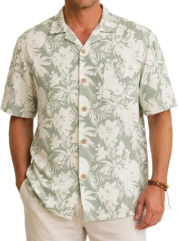 Global Recycled Standard Mens Camp Collar Hawaiian Shirt Linen Tencel Floral Button Down Loose Fit for Summer Beach & Holiday Party