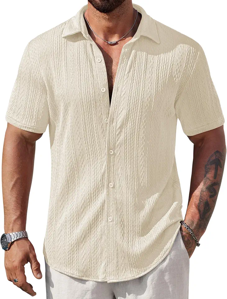VOGSTART Mens Casual Textured Shirts Summer Knit Button Tops