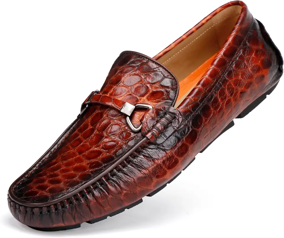 Casual Men's Leather Slip-on Penny Loafers Classic Croco Embossed Slip-On Driving Moccasins Metal Buckle Dress Shoes for Wedding Business Party