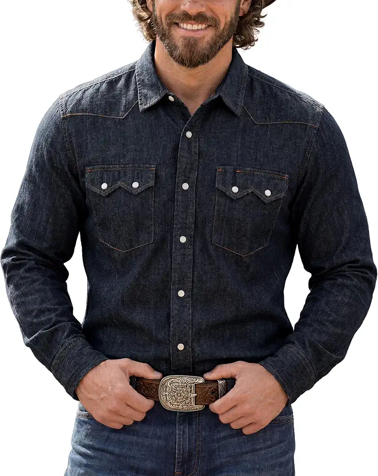 Kallspin Mens Western Pearl Snap Denim Shirt Linen Blend Long Sleeve Shirt