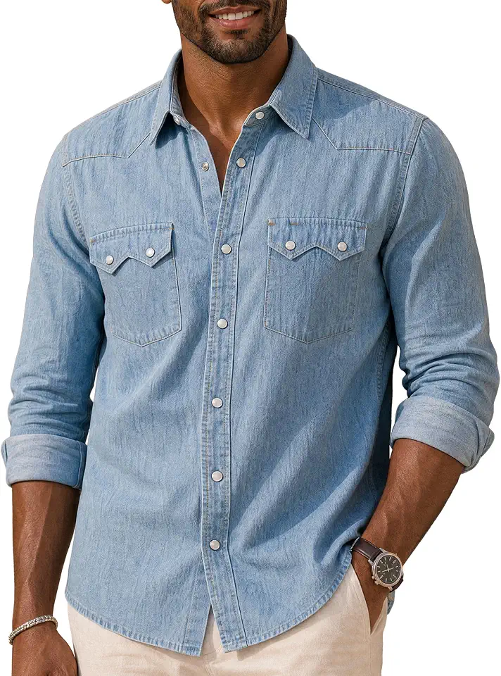 Kallspin Mens Western Pearl Snap Denim Shirt Linen Blend Long Sleeve Shirt