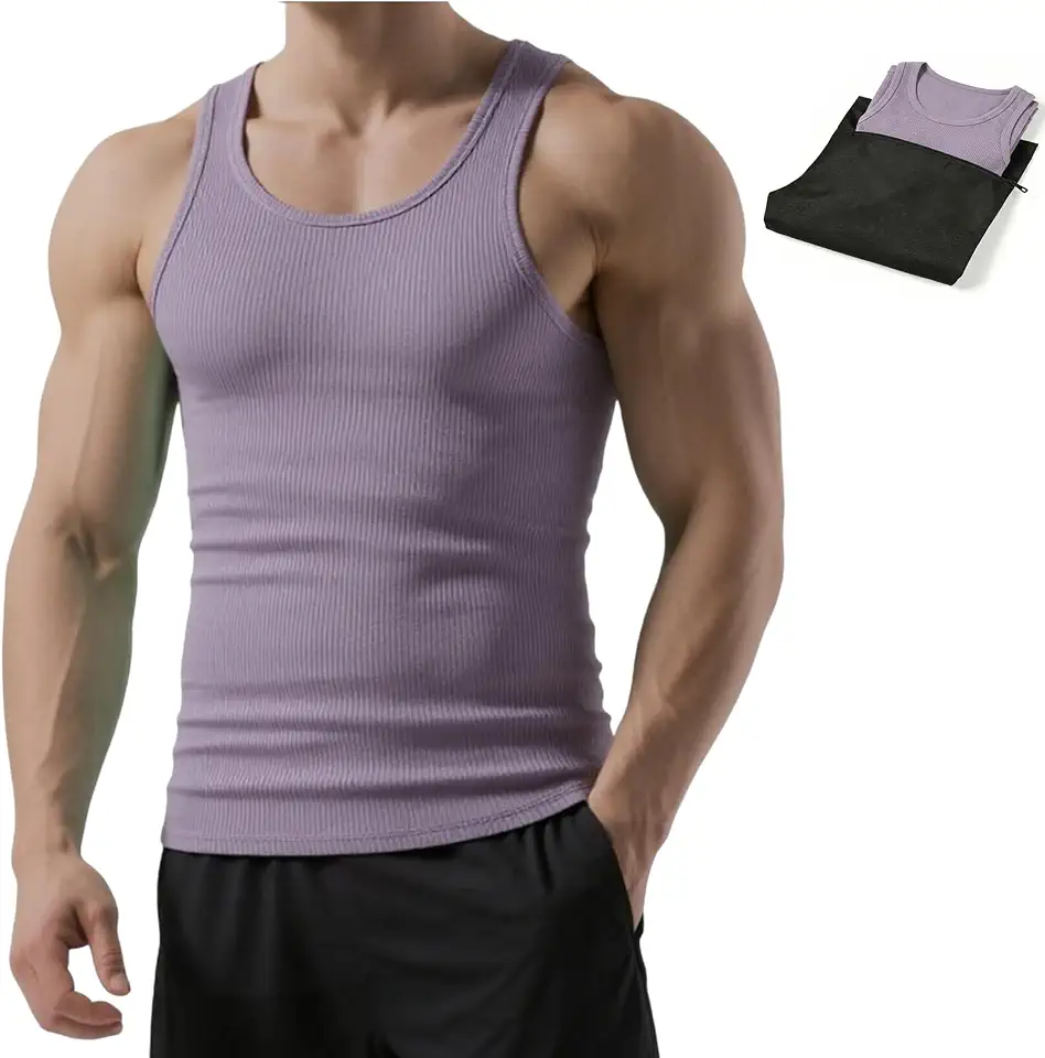 TrailTech Men’s Ribbed Tank Top, Moisture-Wicking Blend Muscle Fit Undershirt for Gym Workout, Beach, Daily with Laundry Bag