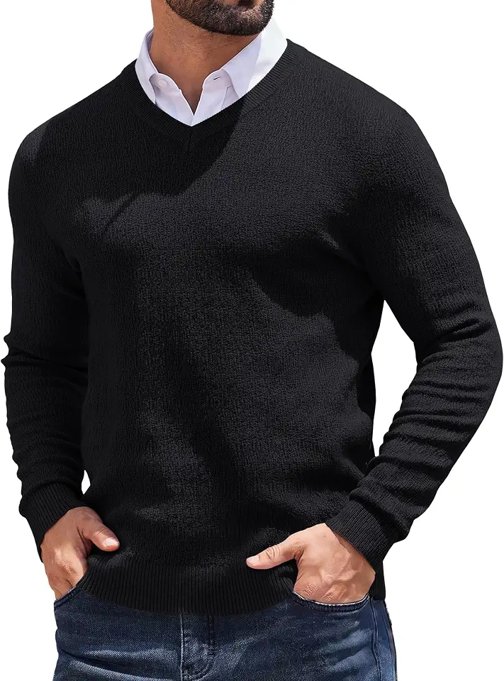 COOFANDY Mens V Neck Sweaters Textured Knit Dress Sweaters Long Sleeve