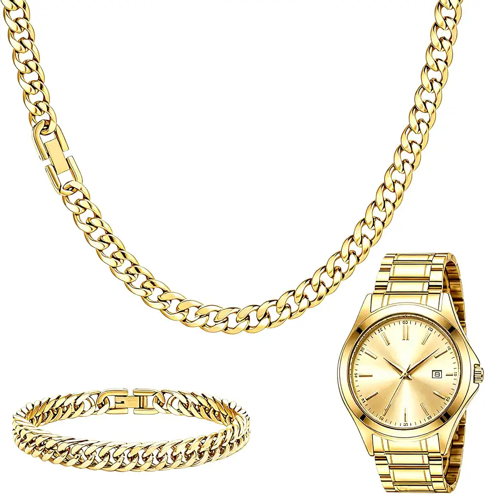NEWITIN 3 Pieces Silver Jewelry Set for Men Stainless Steel Watch Necklace Bracelet Fashion Silver Wristwatch Cuban Link Chain Cuban Jewelry Set for Men