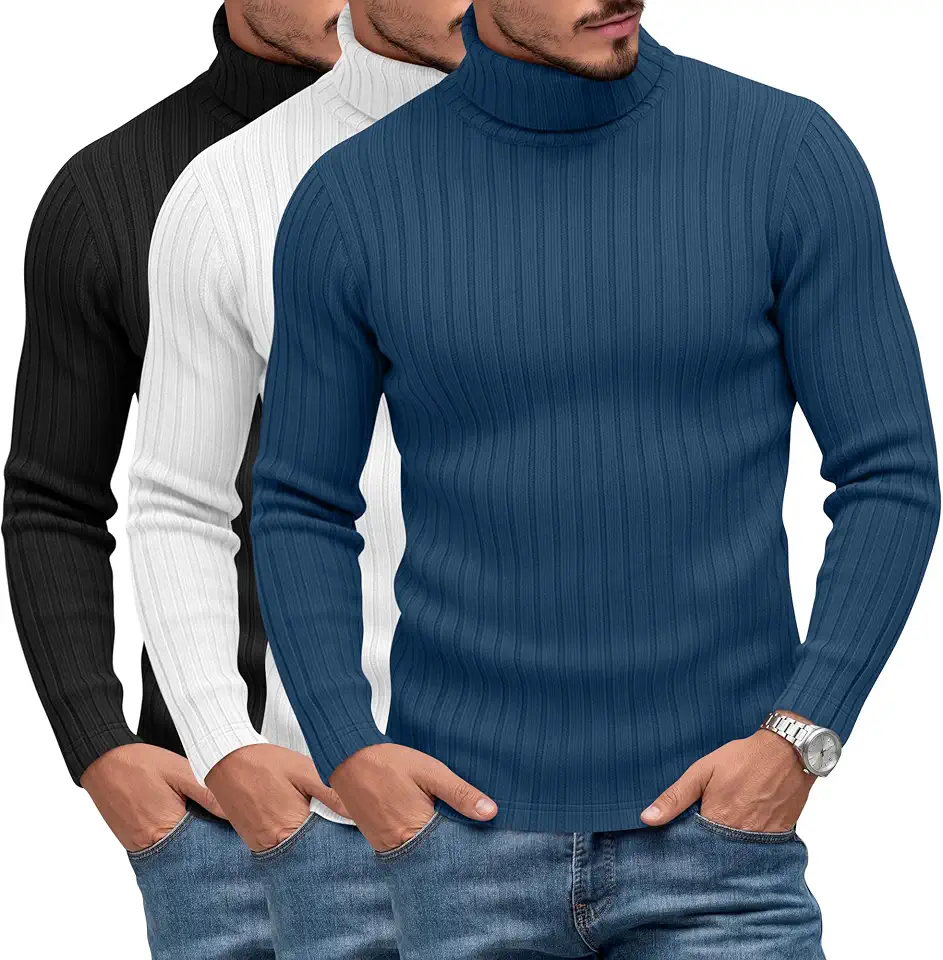 Huukeay 3 Pack Mens Turtleneck Sweater Slim Fit Knitted Pullover
