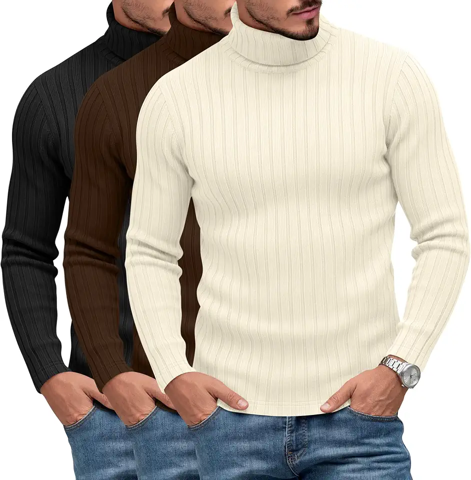 Huukeay 3 Pack Mens Turtleneck Sweater Slim Fit Knitted Pullover