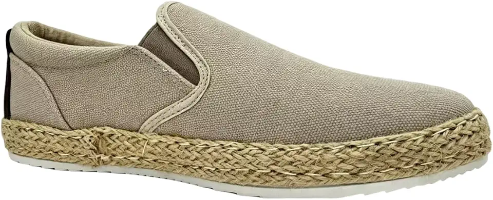 Men's Canvas Slip-On Espadrille Sneaker, Beige, Casual Style with Jute Rope Sole, Round Toe, Low Top
