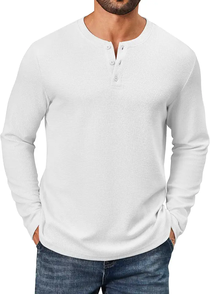 Global Recycled Standard COOFANDY Men's Waffle Henley Shirts Long Sleeve Pullover Shirt Casual Knit T-Shirt Lightweight Basic Tees