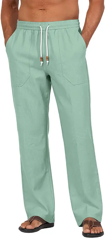 Riskrole Men's Cotton Linen Pants Elastic Waist Drawstring Summer Beach Casual Pants Loose Fit Yoga Trousers Light Green