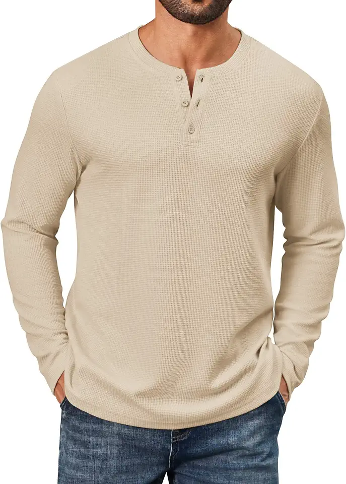 Global Recycled Standard COOFANDY Men's Waffle Henley Shirts Long Sleeve Pullover Shirt Casual Knit T-Shirt Lightweight Basic Tees