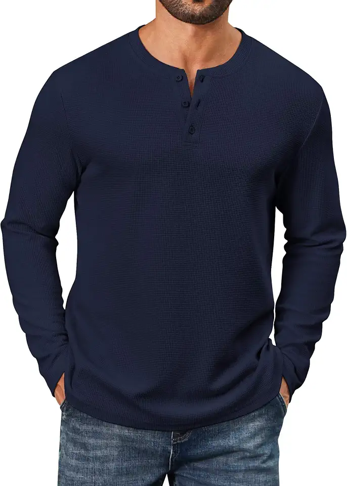Global Recycled Standard COOFANDY Men's Waffle Henley Shirts Long Sleeve Pullover Shirt Casual Knit T-Shirt Lightweight Basic Tees