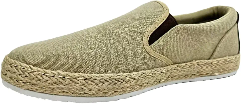 Men's Canvas Slip-On Espadrille Sneaker, Beige, Casual Style with Jute Rope Sole, Round Toe, Low Top