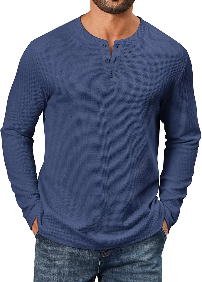 Global Recycled Standard COOFANDY Men's Waffle Henley Shirts Long Sleeve Pullover Shirt Casual Knit T-Shirt Lightweight Basic Tees