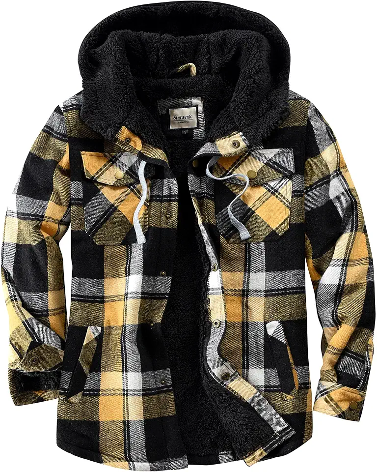 Shawnda Mens Hooded Sherpa Button Down Flannel Shirt Jacket