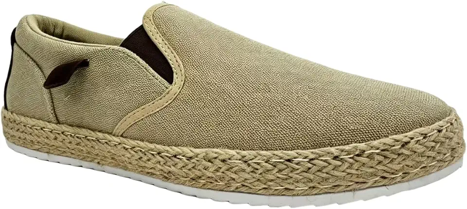 Men's Canvas Slip-On Espadrille Sneaker, Beige, Casual Style with Jute Rope Sole, Round Toe, Low Top