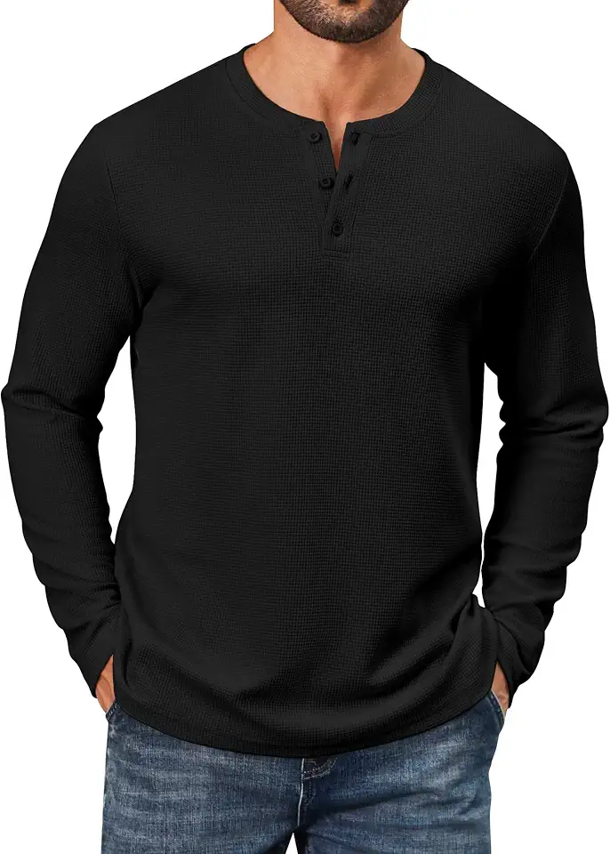 Global Recycled Standard COOFANDY Men's Waffle Henley Shirts Long Sleeve Pullover Shirt Casual Knit T-Shirt Lightweight Basic Tees