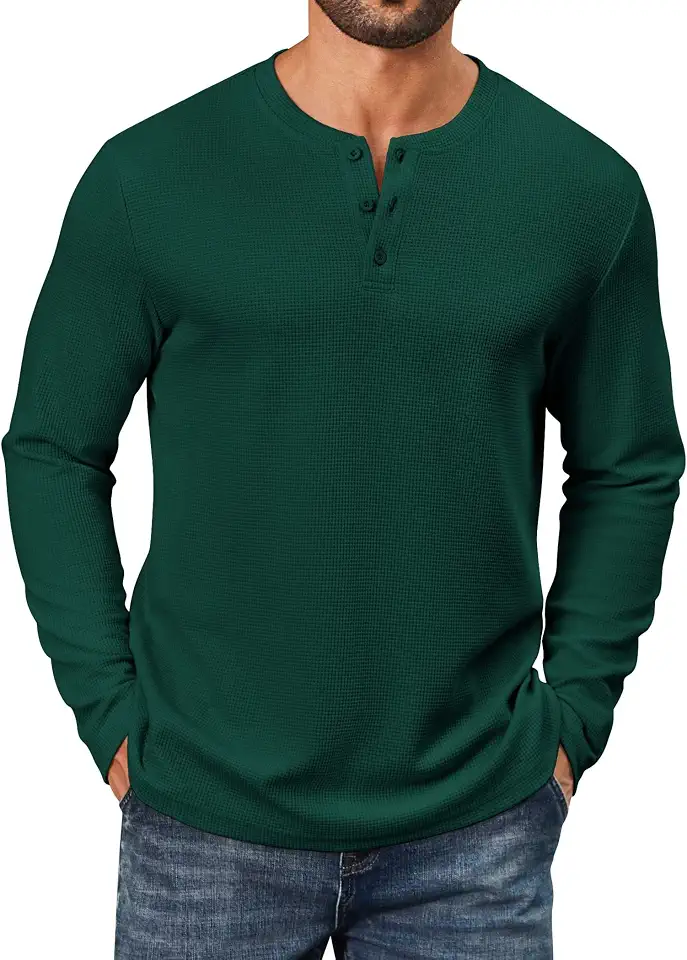 Global Recycled Standard COOFANDY Men's Waffle Henley Shirts Long Sleeve Pullover Shirt Casual Knit T-Shirt Lightweight Basic Tees