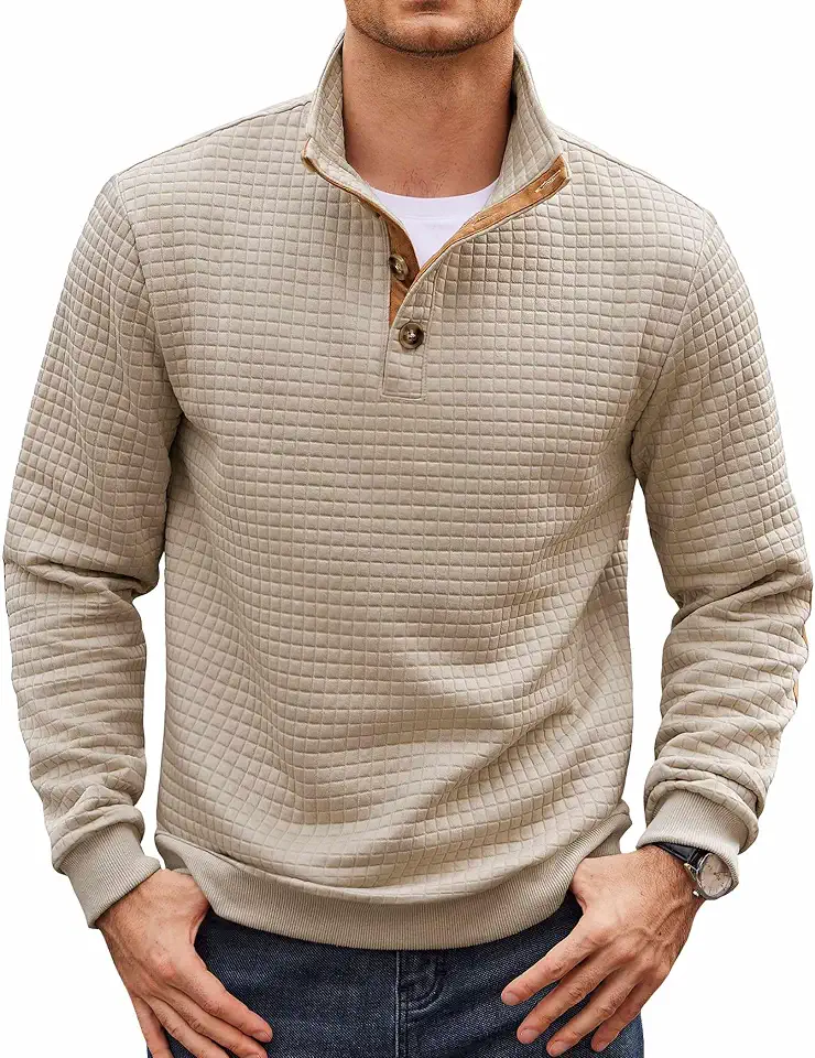 Global Recycled Standard COOFANDY Mens Quarter Button Sweatshirt Long Sleeve Pullover Waffle Casual Stand Collar Sweater