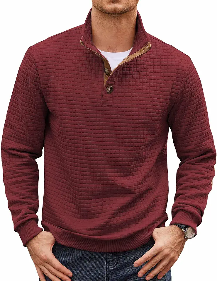 Global Recycled Standard COOFANDY Mens Quarter Button Sweatshirt Long Sleeve Pullover Waffle Casual Stand Collar Sweater