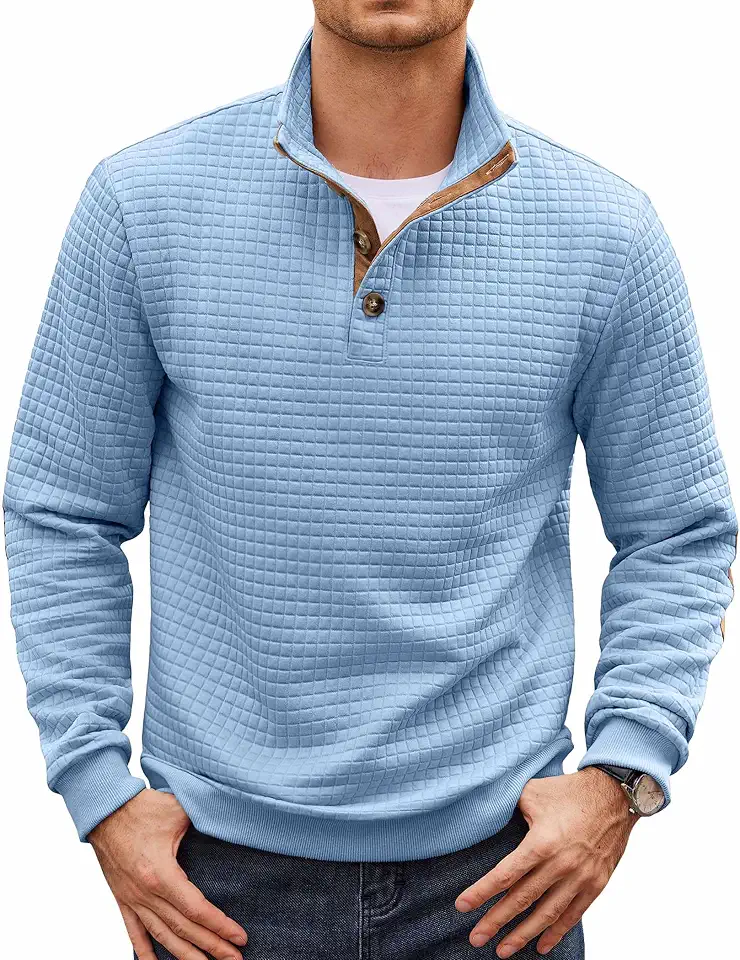 Global Recycled Standard COOFANDY Mens Quarter Button Sweatshirt Long Sleeve Pullover Waffle Casual Stand Collar Sweater