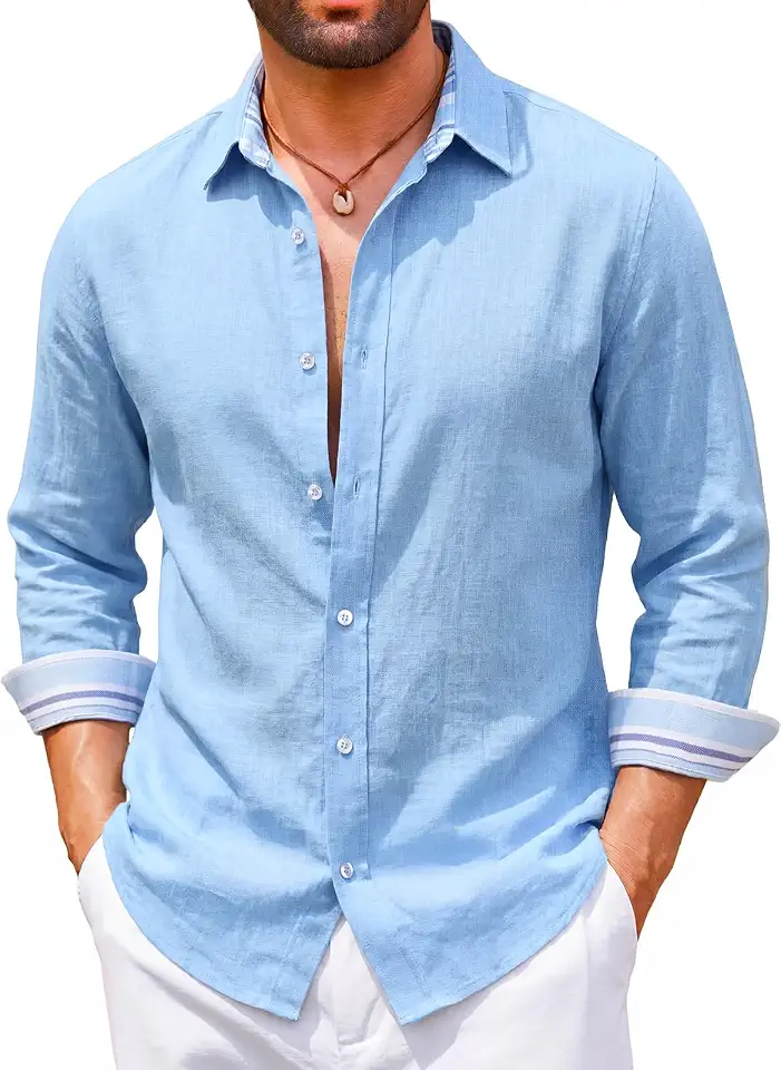 Runcati Mens Cotton Linen Button Down Shirts Long Sleeve Casual Shirt