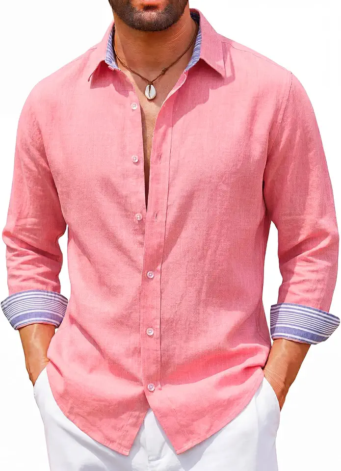 Runcati Mens Cotton Linen Button Down Shirts Long Sleeve Casual Shirt | spread collar, striped design, solid color, regular fit, lightweight