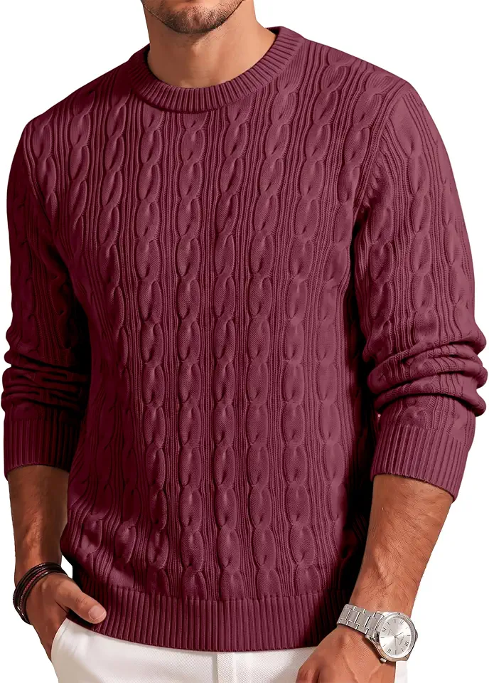 JMIERR Mens Cable Knit Crewneck Sweater Casual Long Sleeve Pullover Tops