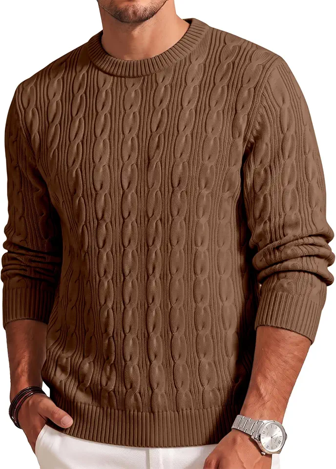 JMIERR Mens Cable Knit Crewneck Sweater Casual Long Sleeve Pullover Tops